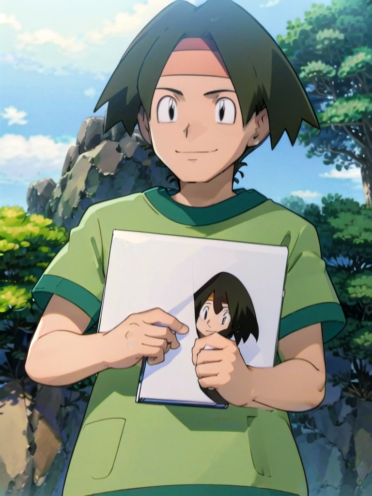 Tracey, solo, smile, shirt, 1boy, closed mouth, upper body, male focus, outdoors, sky, cloud, black eyes, green shirt, anime coloring pokemovies, sugimori ken, ken sugimori ken \(style\), masterpiece, 8k, best quality, happy, smile, anime screencap, zoom out, landscape, sea, daytime, sunlight, concept art, anime background,