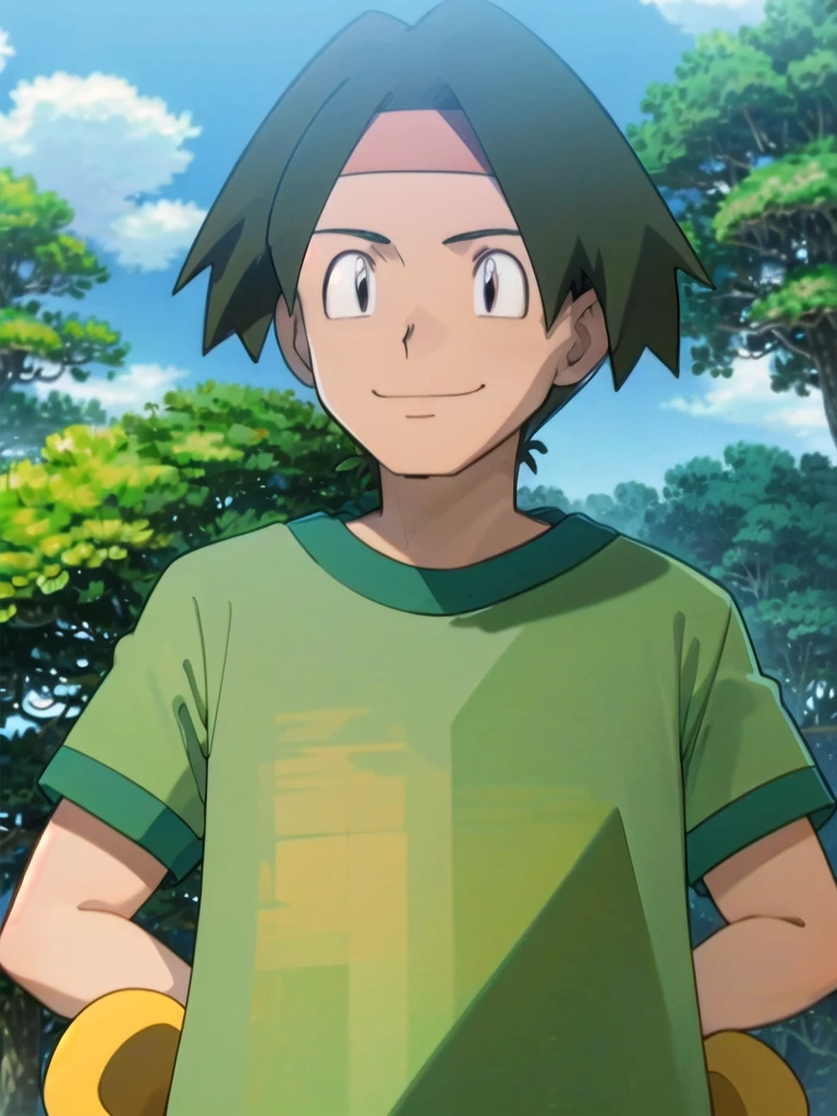 Tracey, solo, smile, shirt, 1boy, closed mouth, upper body, male focus, outdoors, sky, cloud, black eyes, green shirt, anime coloring pokemovies, sugimori ken, ken sugimori ken \(style\), masterpiece, 8k, best quality, happy, smile, anime screencap, zoom out, landscape, sea, daytime, sunlight, concept art, anime background,