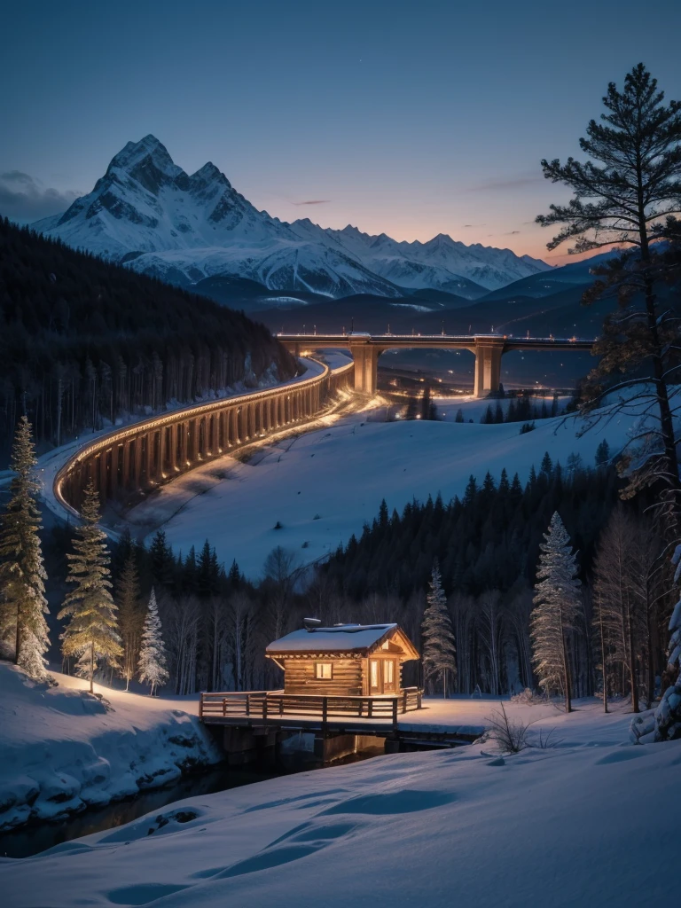 Scenario of one mountain connected to the other by a bridge made of firewood and on the edges so as not to fall birch bars with 5 lights on each side and that the bridge is in siczac on one mountain is a 2017 fashion house and on the other a shelter hut with an electric dragon and an ice dragon tied to a bar with a view down the mountains with a beautiful waterfall from different perspectives