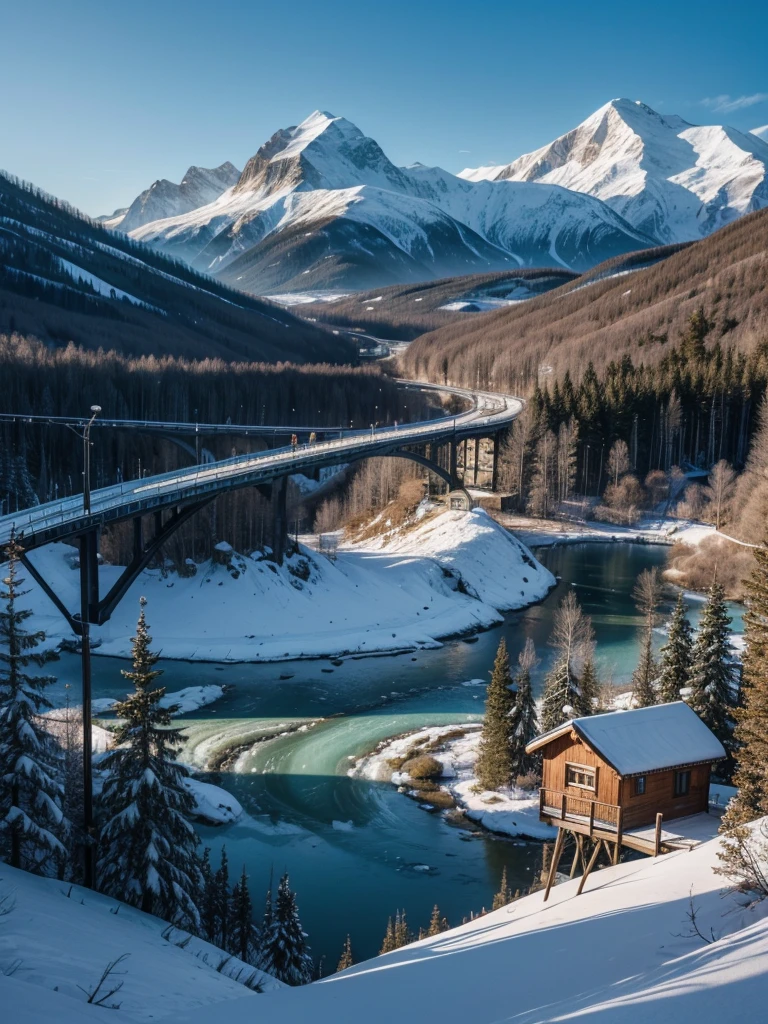 Scenario of one mountain connected to the other by a bridge made of firewood and on the edges so as not to fall birch bars with 5 lights on each side and that the bridge is in siczac on one mountain is a 2017 fashion house and on the other a shelter hut with an electric dragon and an ice dragon tied to a bar with a view down the mountains with a beautiful waterfall from different perspectives 
