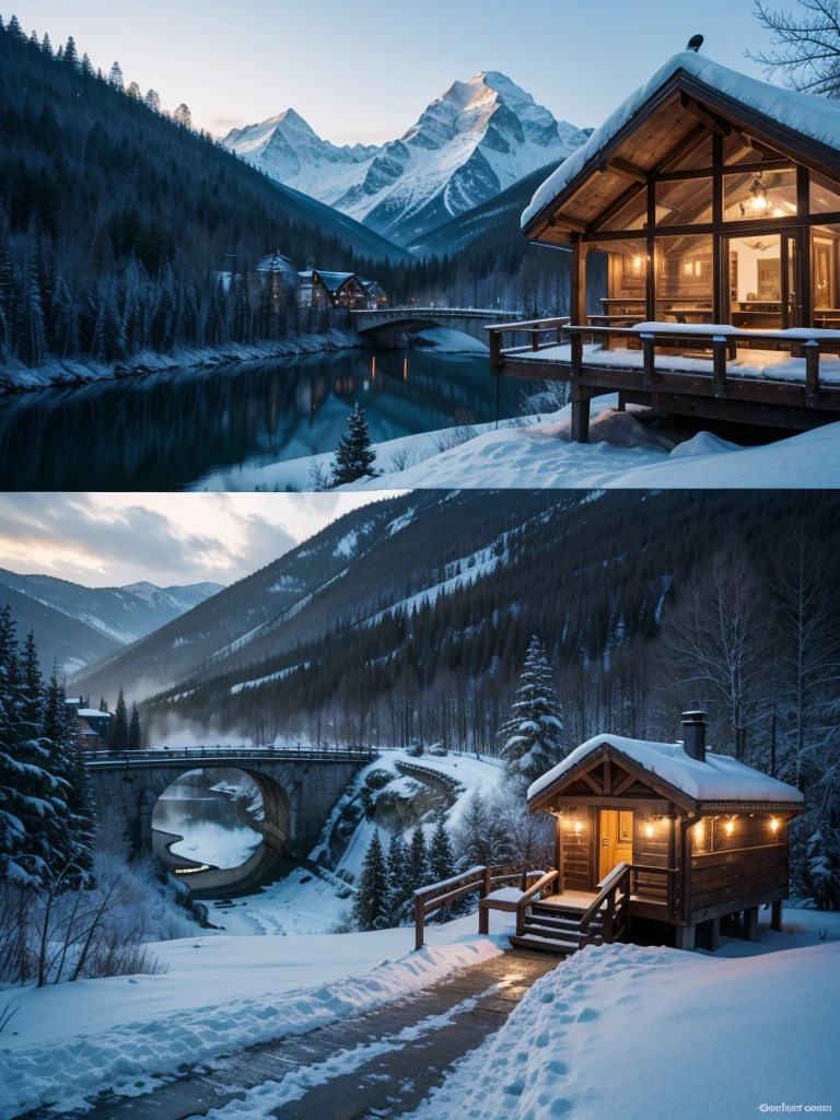 Scenario of one mountain connected to the other by a bridge made of firewood and on the edges so as not to fall birch bars with 5 lights on each side and that the bridge is in siczac on one mountain is a 2017 fashion house and on the other a shelter hut with an electric dragon and an ice dragon tied to a bar with a view down the mountains with a beautiful waterfall from different perspectives 