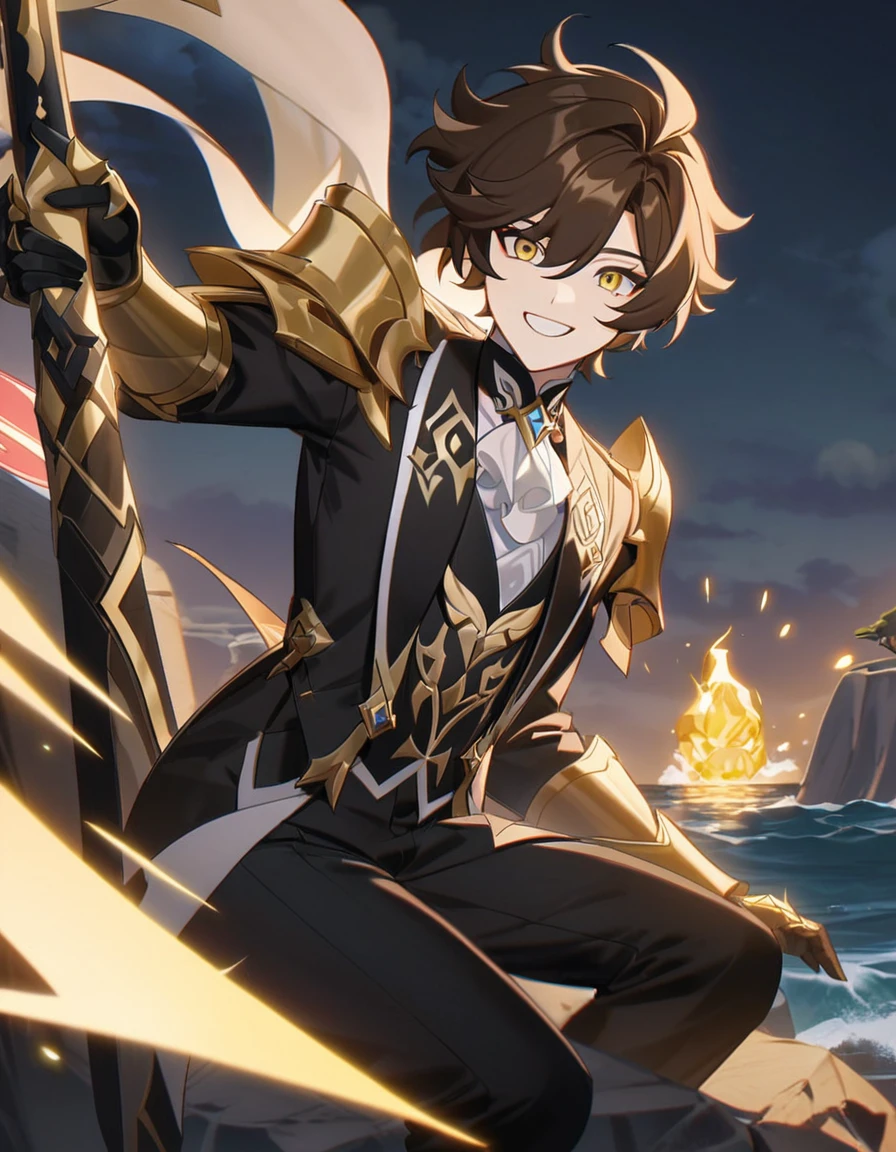 （Anime character boss with brown hair and yellow eyes sitting on the cliff） ,Handsome guy in the art of slaying demons，Strong wind，dense teeth, genshin impact style, beautiful androgynous prince, video game 原神 impact,  night，sea，rock，Handsome, 独奏, male, short hair, brown hair, hair middle part, yellow eyes, smile facial, black tuxedo, red accents, white trim on tuxedo, black pant, giant gold gauntlets, golden energy