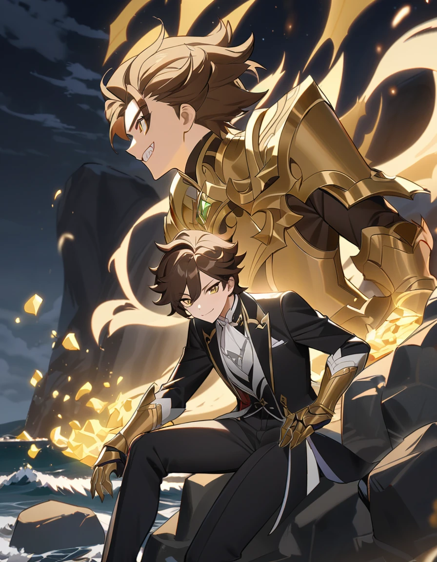 (Anime character boss with brown hair and yellow eyes sitting on the cliff) ,Handsome guy in the art of slaying demons,Strong wind,dense teeth, genshin impact style, beautiful androgynous prince, video game 原神 impact, night,sea,rock,Handsome, 独奏, male, short hair, brown hair, hair middle part, yellow eyes, smile facial, black tuxedo, red accents, white trim on tuxedo, black pant, giant gold gauntlets, golden energy