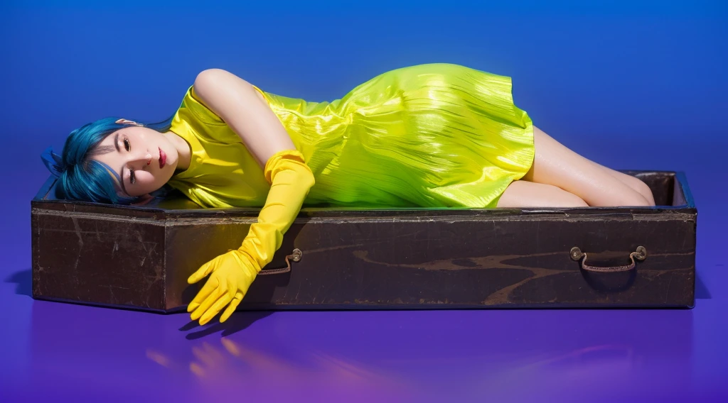 This image depicts a woman with vibrant blue hair, lying comfortably in an elongated, dark purple box. She is dressed in a bright neon green dress and yellow gloves, adding a striking contrast against the purple and blue background. Her peaceful expression and relaxed pose suggest a dreamlike or surreal scene, despite the unconventional setting of being in a box. The overall visual effect is bold and colorful, emphasizing the playful and artistic elements of the composition. effectively conveying a sense of joy and creativity.ffects render, (glossy plastic texture with multiple big light probe refractions), perfect cgi, smooth silhouette, high intensity refraction, (super glossy plastic material), most beautiful vfx, , realistic, 4k, high resolution, rim light, smooth 3d model, multiple light sources, rim light, sharp post effects render,, realistic, 4k, high resolution, rim light detailed digital art, reflective, best quality, 4k, masterpiece:1.2, ultra-detailed, realistic, vivid colors, The image of the highest quality, ensuring every detail showcased perfectly. It in 4k resolution, allowing viewers to immerse themselves in the richness of the colors and intricate details. The realistic rendering. under the spotlight, reflecting, high-resolution image, realistic rendering