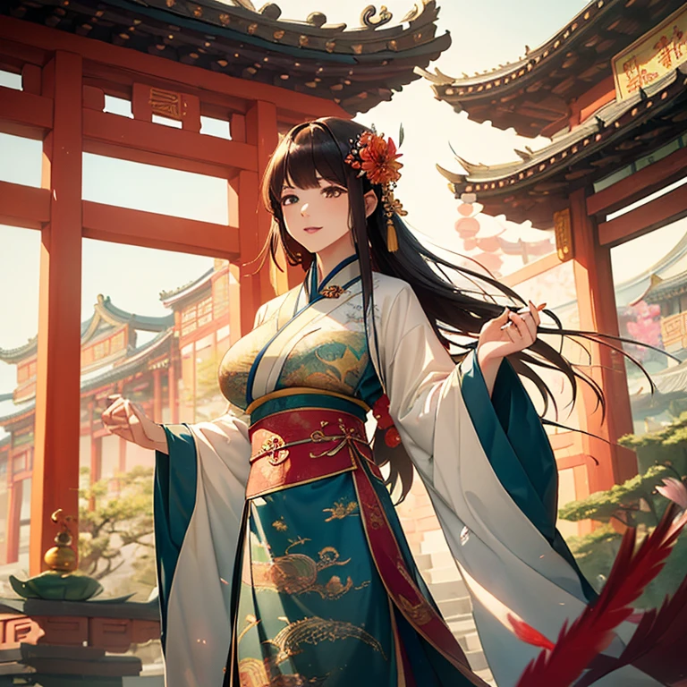 ((masterpiece, Highest quality)), One girl, ((Mature Woman)), (Big Breasts), Long Hair, Floating Hair, hair ornaments, (Hanfu), ((Clothes made from feathers)), (summer), (Dragon Girl), sunlight, (Detailed light), Lighting, (colorful), View your viewers, chinese style architectural background, Special Features,(bloom), (Shine)