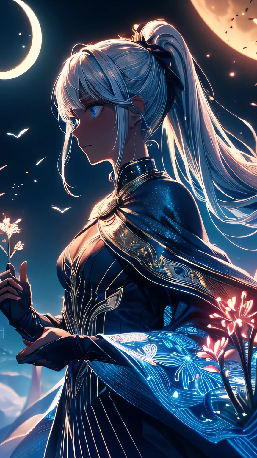 masterpiece, (Highest quality: 1.2), (Super Fine: 1.2), figure, (Very delicate and beautiful: 1.2), Film Angle, floating, (Beautiful detailing: 1.1), (Detail Light: 1.1), Film Light, Delicate Sky, woman, Gray Hair, blue eyes, (High Ponytail: 1.1), Cape, Glowing Eyes, (moon: 1.2), (moonlight: 1.1), Starry Sky, (Particles of light: 1.1), fog , Snow Painting, sketch, flowering