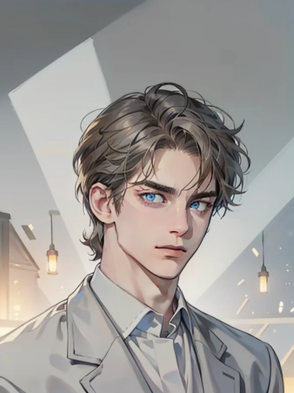 masterpiece, best quality, realistic, 1man, mature male, quiet and charming young man, 41 year old, serious look, closed mouth, portrait, extremely detailed face, cold smile, ((dark grey blue eyes)), ((short-right-swept dark white hair)), [thick eyebrows], ((suit)), handsome, full body, western, Jewish, light brown skin,