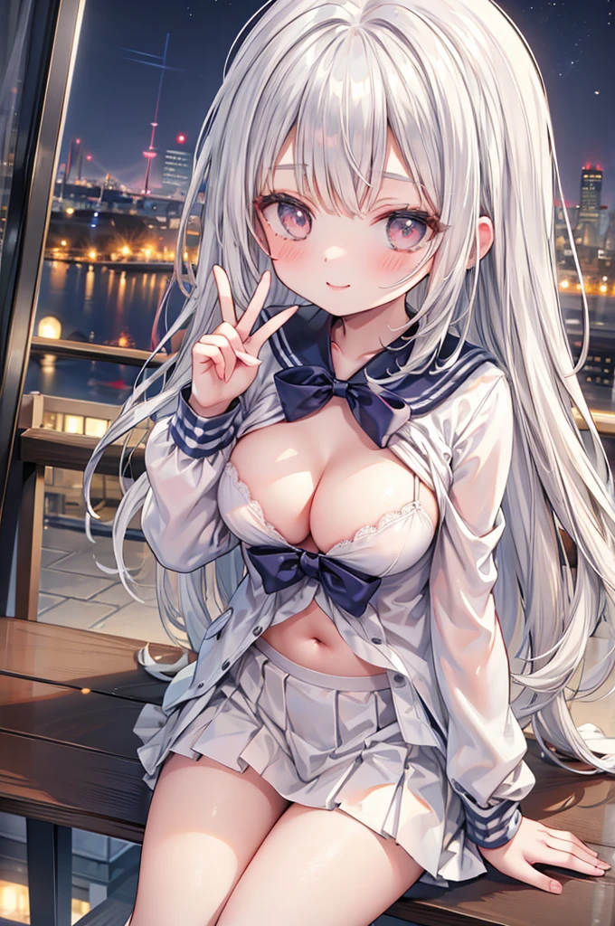 masterpiece, best quality, nsfw, 
 1girl, from above, sitting, cleavage,
 lift up the pleated skirt, sailor suit, white panties, silver hair, evil smile, peace sign,
 downtown area, night,