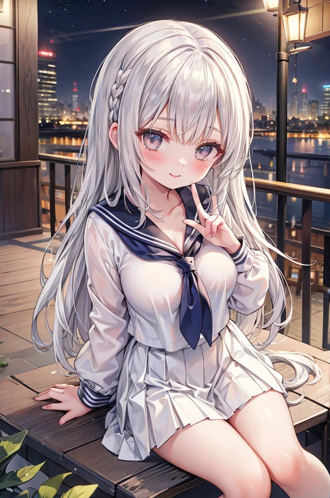 masterpiece, best quality, nsfw,
1girl, from above, sitting, cleavage,
lift up the pleated skirt, sailor suit, white panties, silver hair, evil smile, peace sign,
downtown area, night,