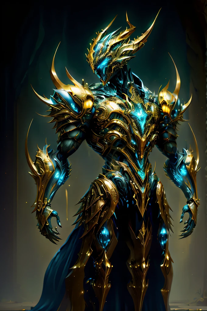 (masterpiece:1.2), best quality, high definition, high resolution, ultra detailed, ultra fine painting, extremely delicate, professional, Reflection details, unity 8k wallpaper, (illustration:1.0), beautiful detailed, extremely detailed, perfect lighting, extremely detailed CG, glowing eyes, backlighting, armor, fake_horns, glowing, full_armor,warframe,humanoid_robot,horns, helmet,mask,sample_background,
looking at the viewer,solo,perspective, full body, dark magic, dazzling energy, voild, eyes of sky very noble, dragon concept armor, pillar of light, wearing a platinum robe, machanical hand, negative energy, sliver armor(the colour is gold), Embedded with blue gems, metallic, real texture material, prefect body proporions, golden ratio, symmetrical face, extremely detailed eyes and face,