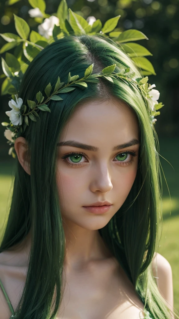 a girl. the face sends feeling. Europe. Oval face. long face. delicate facial features. sad eyes. seductively seductive. green eyes. long straight hair. green hair. wreath on head. sad expression. big breasts. Sexy green silk nightgown. straight face. outdoor
