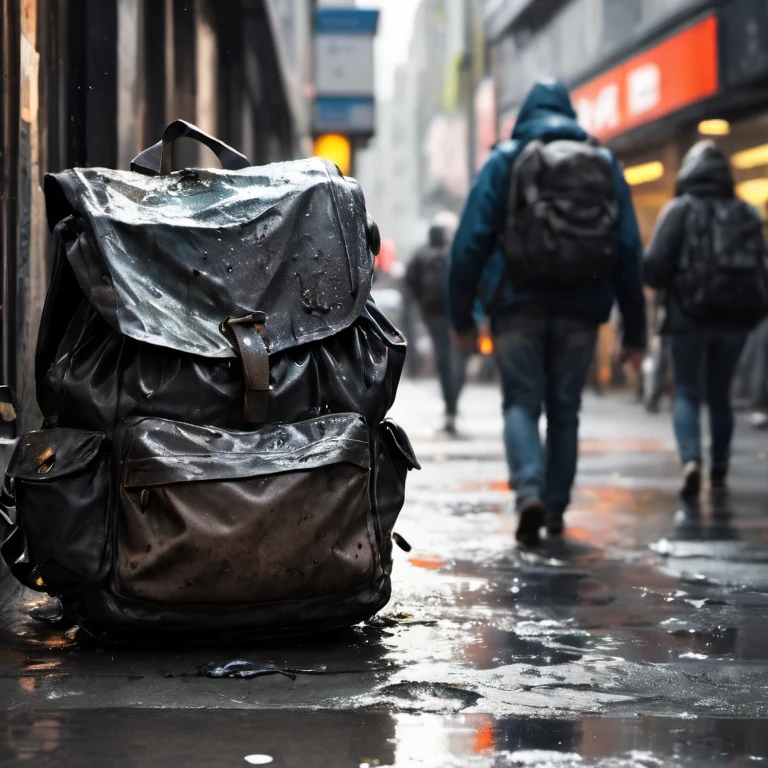 a old ragged backpack dump lied on the busy street, dull, torn and tattered(torn:1.5), sharp detailed focus on the backpack, blurry surrounded, dslr photoshot, intricate detailed, spot light spotted on the backpack, blurry people passing by, dimmed light surrounded, splashing water, rain, dark street