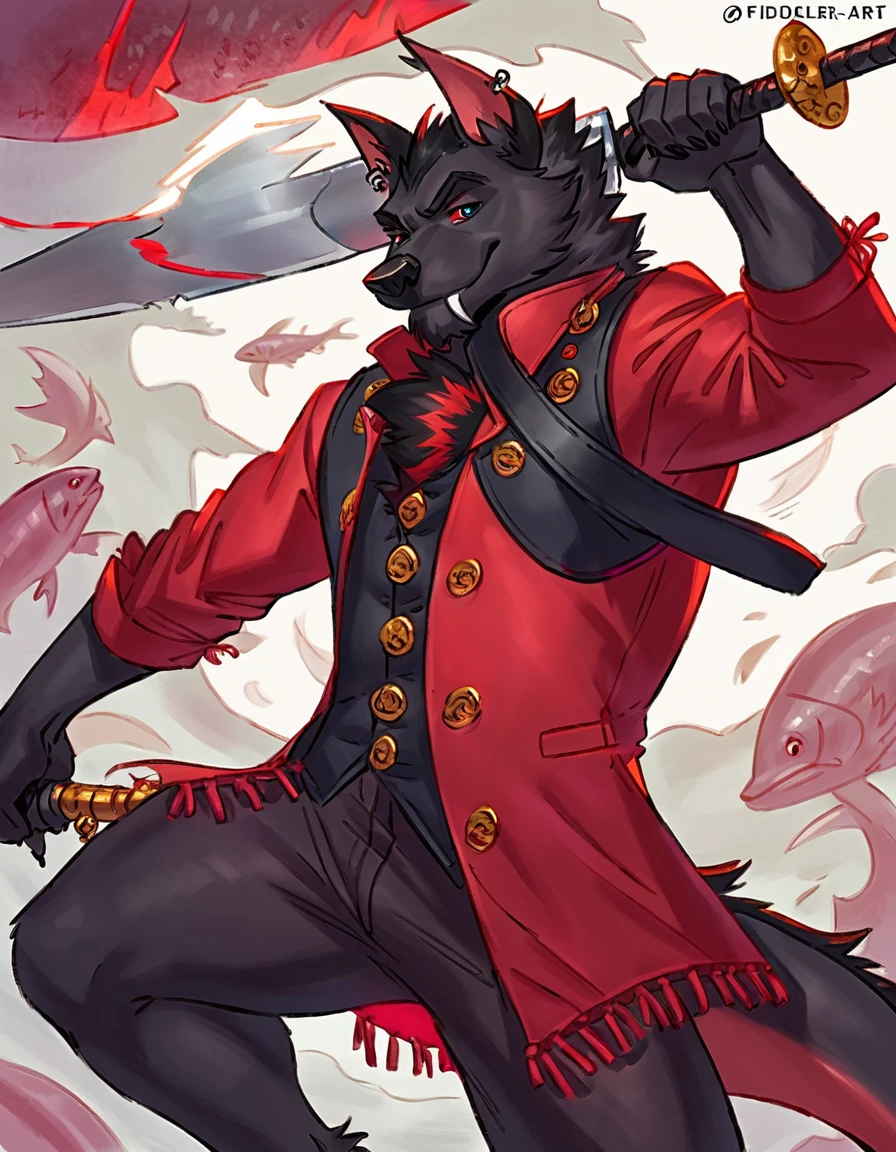 Anthropomorphic dragon his physique is achieved through a meticulous distribution of muscle and fat that creates a sense of comfort and approachability. Black scales. Black fur. Black Hair. Skin is a rich, deep black, with a subtle shimmer. His eyes are a piercing shade of Imperial red, framed by thick eyebrows. His attire, a black gambeson padded overcoat fabric vest with striking red salmon accents and intricate silver metal ornaments, is both functional and symbolic. The gambeson, a padded garment, is tailored to allow for a full range of motion, emphasizing his agility despite his size. The silver metal ornaments. Fur is predominantly black with salmon red-colored highlights. The fur on his torso and limbs is dense. His chest hair is kept at a moderate length. Large axe like fangs. Wield a slashing blade in a rapier-like's hilt. Ox guard stance pose. His predominant color is black and he got imperial red details. Anthro Artist Taran Fiddler art Style, olhos detalhados, Olhos lindos, escalas detalhadas.
