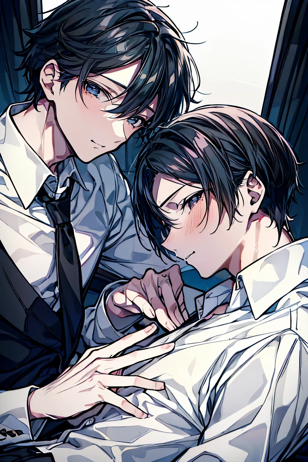 (Mastepiece), (Best Quality), Very detailed, ((Two men intimate)), Perfect Face, Beautiful Face, Very detailed顔,(One black-haired man:1.3),(One white-haired man:1.3),shirt、smile