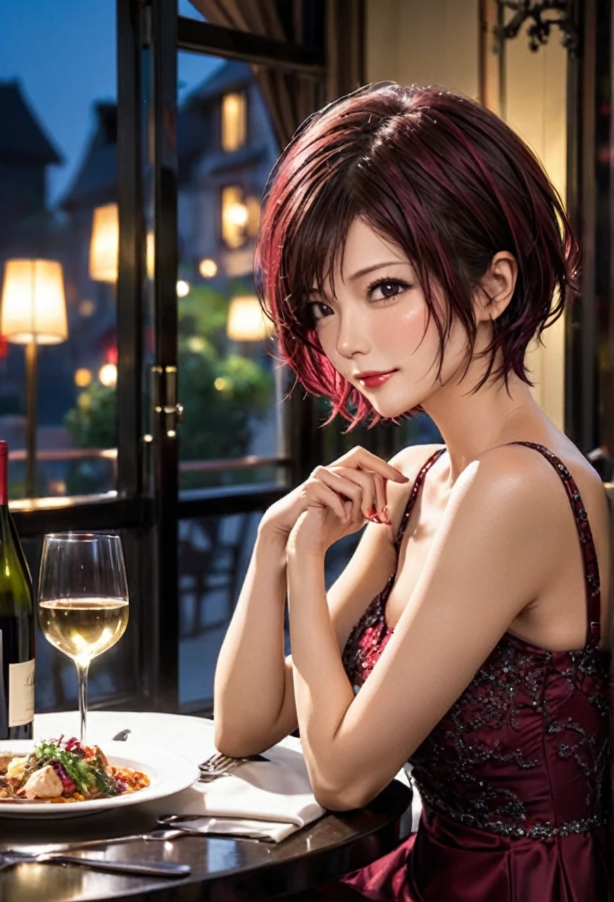 Adult Female, Mature, shy, blushing, short messy dark red hair, shoulder length hair, beautiful make up, dress, sitting in front, dinner table, fancy resturant, table with wine, night time, window seat view, highly detailed, best detail, excellent detail, perfect ???????, perfect hands, perfect fingers