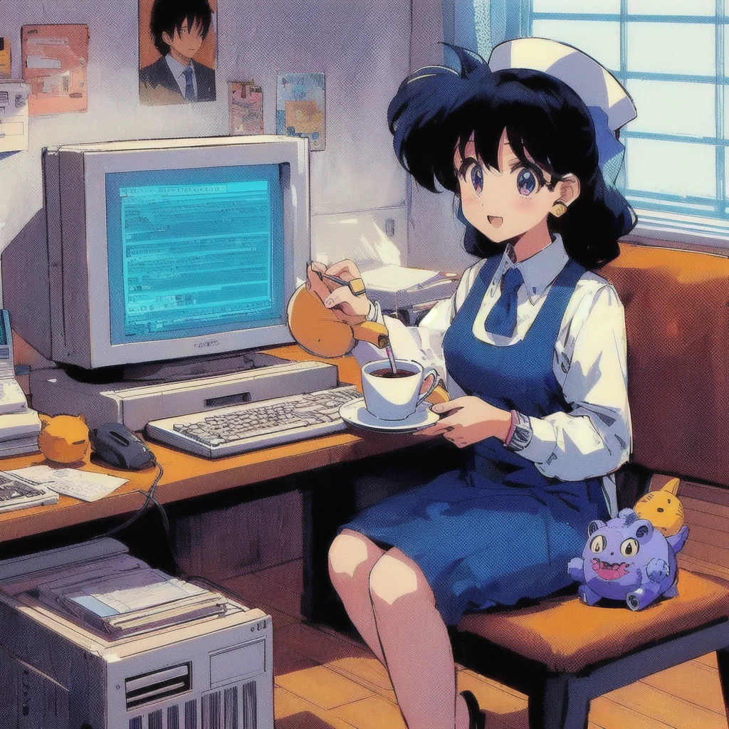 Anime girl sitting at a desk typing on a computer, Stuffed Monster,80's anime vibe, Retro Anime Girls, 80's PC,Have a teacup,80s poster,80s anime art style, 80s anime style, 1980's anime style, In 80s anime art style, Lo-fi Girl