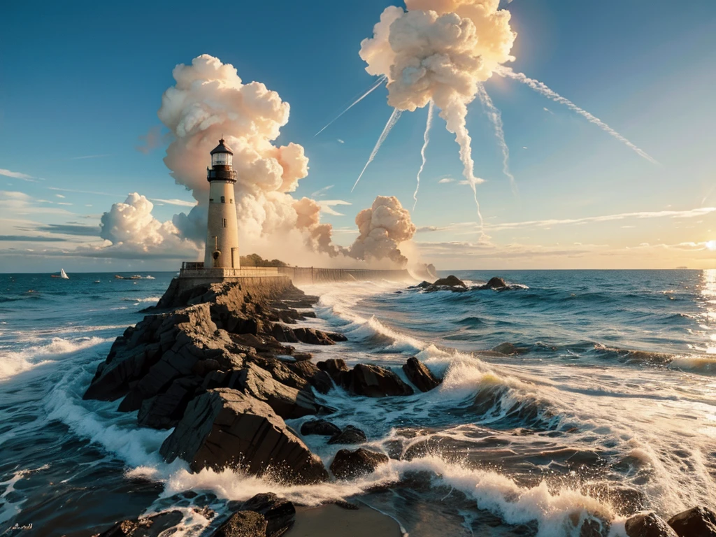 beach background,on the beach,Huge explosion,exploding lighthouse