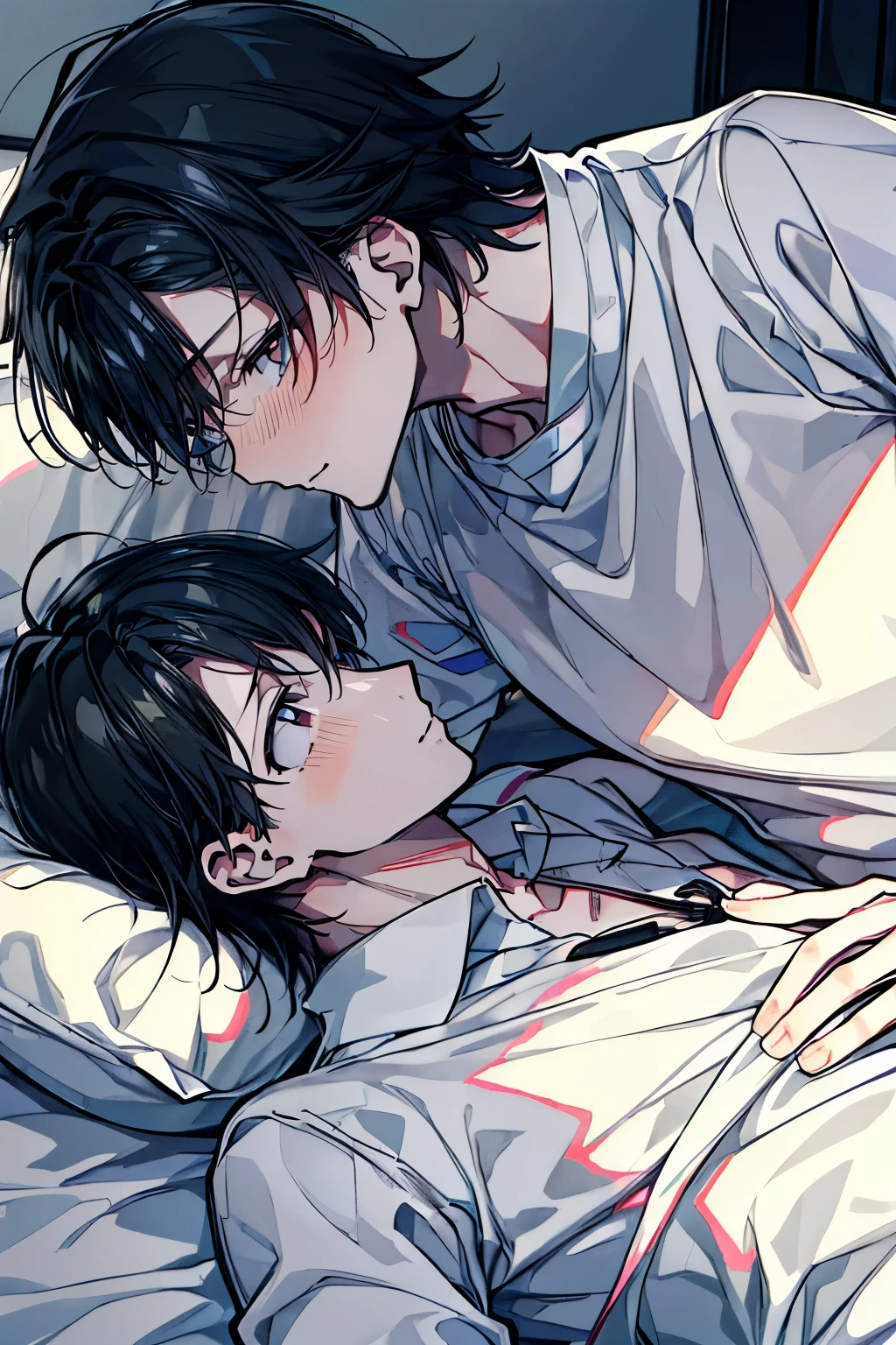 (Mastepiece), (Best Quality), Very detailed, ((Two men intimate)), Perfect Face, Beautiful Face, Very detailed顔,(One black-haired man:1.3),(One white-haired man:1.3),shirt、smile
