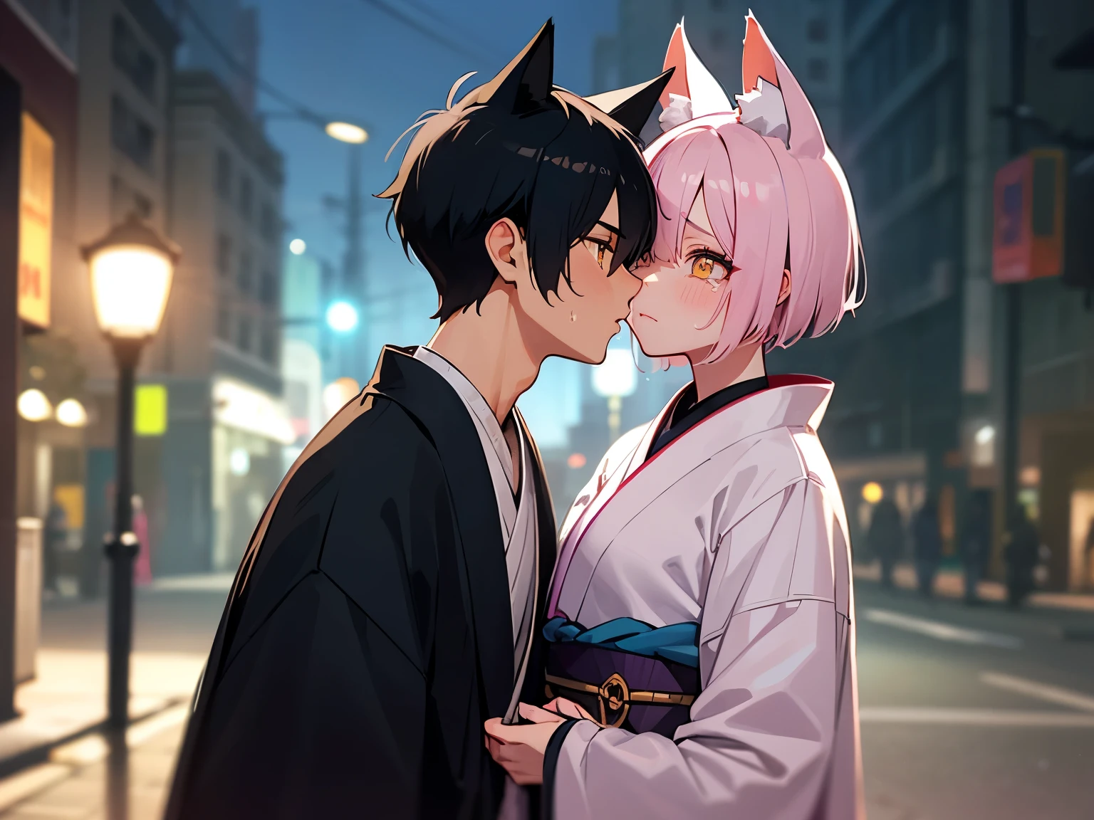 a boy, gradient_eyes, yellow eyes, upturned eyes, slit pupils, eyepatch, short hair, short hair, side swept bangs, wearing blue damaged kimono, fox ears, fox tail, bionic left arm, sad, tears are rolling on is cheeks, crying on the street, weet clothes and hair, kissing a girl with pink short hair, high details, high quality, best quality, highres
