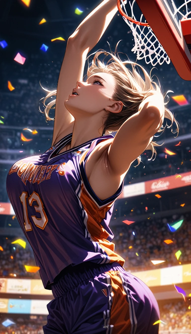 Highest quality, Highest quality, 16K, Unbelievably absurd, Very detailed, delicate and dynamic, Natural light, The particles reflect light, Diffuse reflection of light, Vortex of Light, Lots of rainbow-colored confetti falling, Basketball court, night, illumination, Create amazing image effects, Upper body close-up, (sole sexy girl, Firm bust, , powerful, A game-winning dunk by a professional basketball player, Hollow, Floating in the air, A powerful dunk, Basketball Uniforms,)

