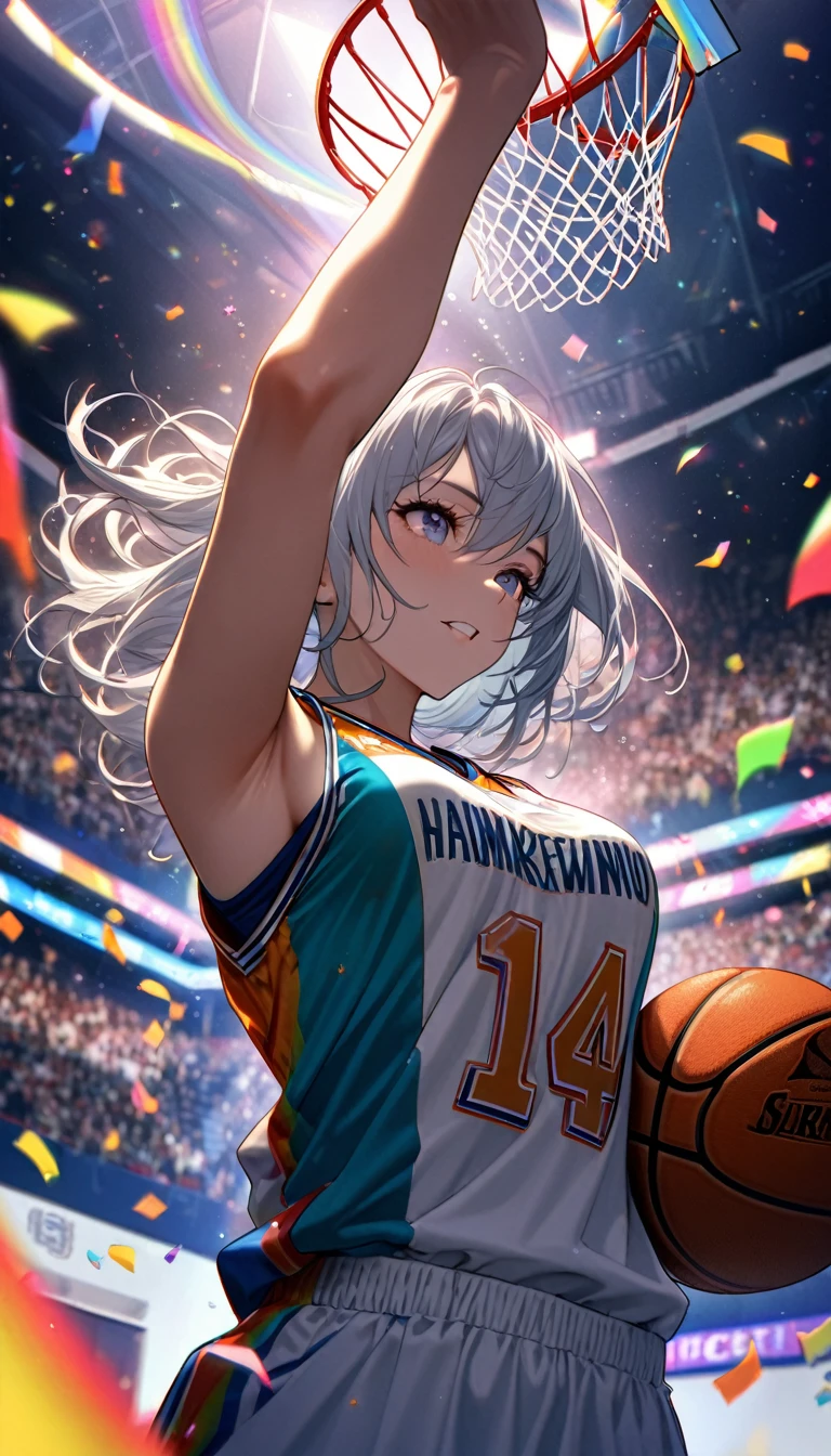 Highest quality, Highest quality, 16K, Unbelievably absurd, Very detailed, delicate and dynamic, Natural light, The particles reflect light, Diffuse reflection of light, Vortex of Light, Lots of rainbow-colored confetti falling, Basketball court, night, illumination, Create amazing image effects, Upper body close-up, (sole sexy girl, Firm bust, , powerful, A game-winning dunk by a professional basketball player, Hollow, Floating in the air, A powerful dunk, Basketball Uniforms,)