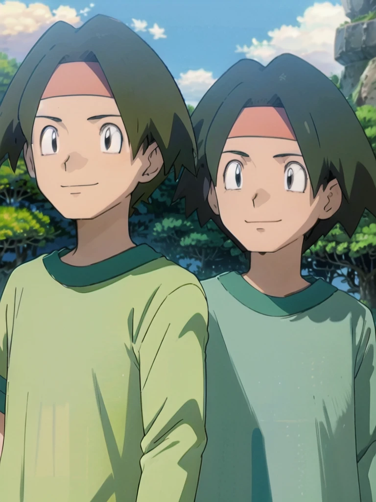 Tracey, solo, smile, shirt, 1boy, closed mouth, upper body, male focus, outdoors, sky, cloud, black eyes, green shirt, anime coloring pokemovies, sugimori ken, ken sugimori ken \(style\), masterpiece, 8k, best quality, happy, smile, anime screencap, zoom out, landscape, sea, daytime, sunlight, concept art, anime background,