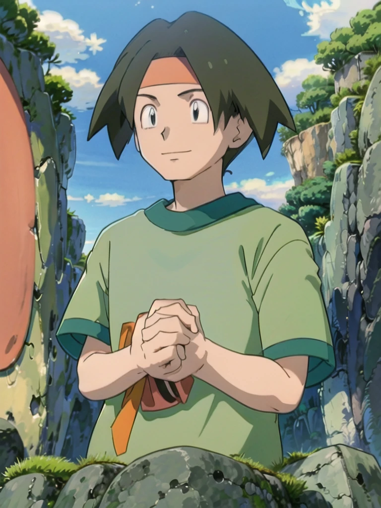 Tracey, solo, smile, shirt, 1boy, closed mouth, upper body, male focus, outdoors, sky, cloud, black eyes, green shirt, anime coloring pokemovies, sugimori ken, ken sugimori ken \(style\), masterpiece, 8k, best quality, happy, smile, anime screencap, zoom out, landscape, sea, daytime, sunlight, concept art, anime background,