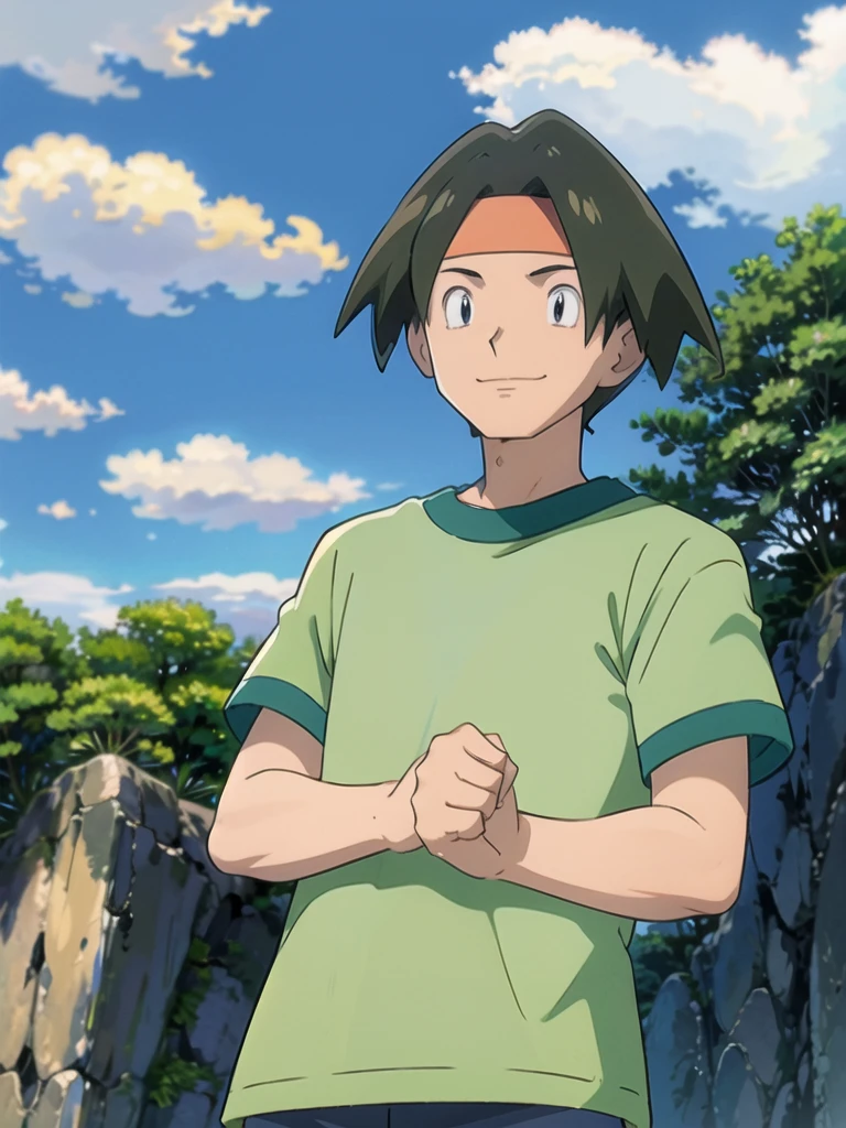Tracey, solo, smile, shirt, 1boy, closed mouth, upper body, male focus, outdoors, sky, cloud, black eyes, green shirt, anime coloring pokemovies, sugimori ken, ken sugimori ken \(style\), masterpiece, 8k, best quality, happy, smile, anime screencap, zoom out, landscape, sea, daytime, sunlight, concept art, anime background,