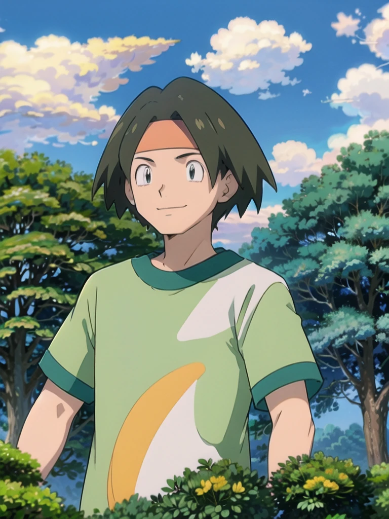 Tracey, solo, smile, shirt, 1boy, closed mouth, upper body, male focus, outdoors, sky, cloud, black eyes, green shirt, anime coloring pokemovies, sugimori ken, ken sugimori ken \(style\), masterpiece, 8k, best quality, happy, smile, anime screencap, zoom out, landscape, sea, daytime, sunlight, concept art, anime background,