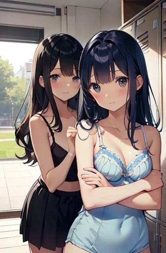 (Highest qualityのイラスト:1.2), (cute girl:1.1), (1 girl, alone:1), (2 girls、8-year-old、、、small、cute、cute、Big Breasts、Very detailedな目:1.2)、(lily、kiss、Hug from behind、grab、Eyes half closed、eye contact:1.Sweat、I was embraced、blush:1.1)、 break White Bra、ピンクのgood、Blue Bra、Green bra、灰色がgood、light 灰色がgood、 Striped bra、水玉模様がgood、goodチェック柄、cute、good、kids good、sporty、camisole、Cotton panties、School Skirt、ブレイクBlack Hair、Blue Hair、Black Hair、Long Hair、Hair length、Wavy Hair、Curly Hair、break(locker room:1.2)、(evening、evening、Orange Sunshine:1.2)、 break(Highest quality、Very detailed、Very detailed and beautiful、Ultra-high resolution、Arm details:1.2)、Browsing Caution　Beautiful Pool、Large Breasts