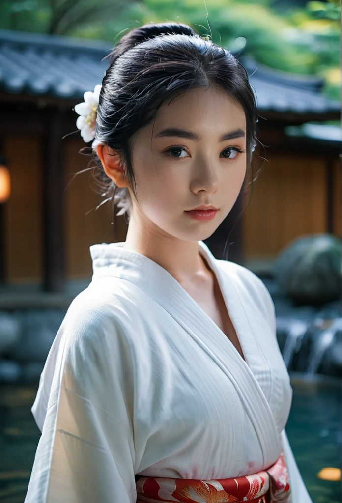 1girl in, age22, Solo, short black hair, looking at the camera, skinny face, translucent white fairly skin, black hair, kimono, full body, outdoor onsen, (extremely detailed 8k wallpaper), soft lighting, high quality, film grain, Fujifilm XT3 sharp focus, f 5.6, 50mm, High Detail, Sharp focus, (natural light), (seductive), realistic, sexy, ((Detail eye)), ((Eye: 1.2), ((Kimono)), (breast: 1.2)