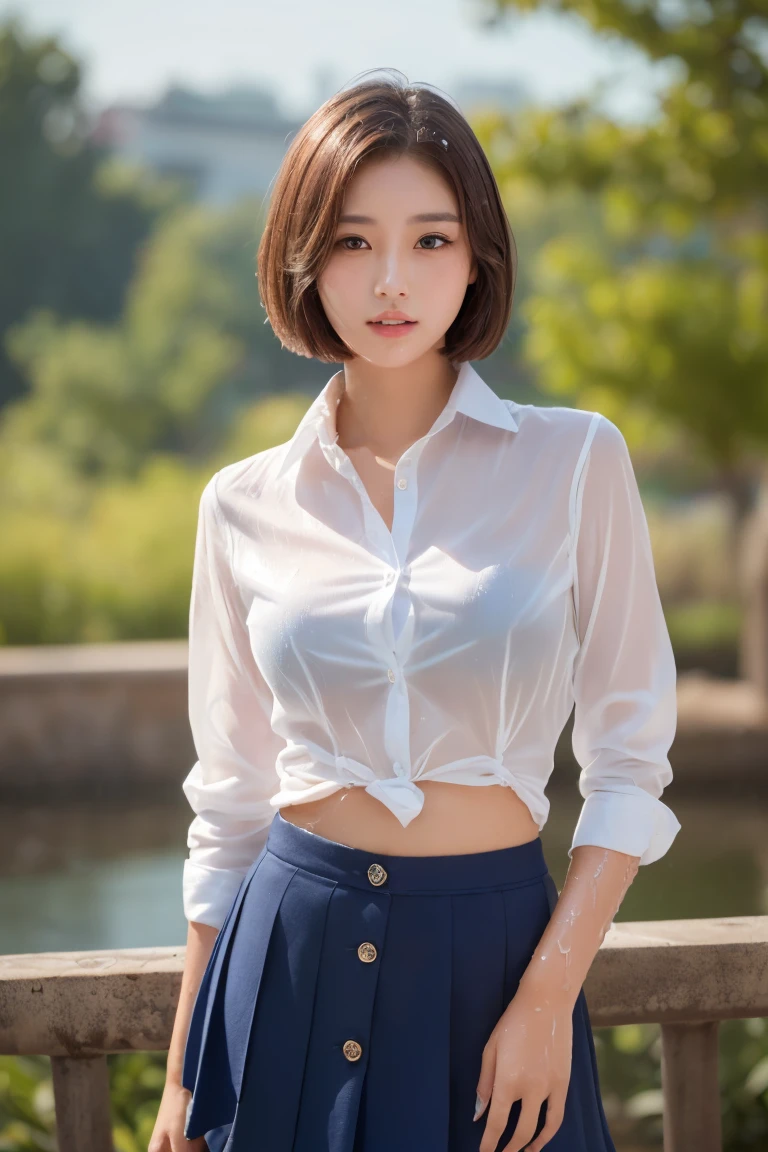 ((Best image quality、8k、masterpiece:1.3))、Sharp focus:1.2、Beautiful woman with perfect body:1.4、Slim Belly:1.2、((Layered Haircut、big:1.2))、(no good)(Small and beautiful、difficult(thin, Wet button down shirt length:1.1)、(School teacher's outfit wet from the rain:1.3)、(rain、street:1.2)、Wet body:1.1、Highly detailed face and skin texture、Detailed eyes、double eyelid、 Sunburned skin、sexly、Sunburn、Nogizaka Idol、Korean Idol、Carving an idol pose、