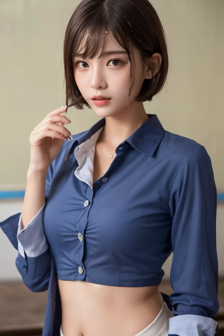 absurdres, RAW photo, extremely delicate and beautiful, masterpiece, Best Quality, ultra high resolution, 32k, hyper realistic, ultra-detailed, Very detailed CG 8k wallpaper, detailed background, landscape, Beautiful Lighting, Perfect Lightning, Realistic Shadows, perfect anatomy, anatomically correct, ideal ratio body proportions, perfect figure, Perfect Style, Perfect balance, super Detailed skin, in her 10s, very Slim body, narrow waist, very small head, very small face, delicate facial features, handsome detailed woman, very detailed eyes and face, realistic face proportions, Realistic beautiful face, Realistic beautiful eyes, tearful mole, earring, (very huge round tits), medium short hair, asymmetrical hair, wavy hair, clavicle, blazer, collared shirt, dress shirt, button shirt, office lady suit,