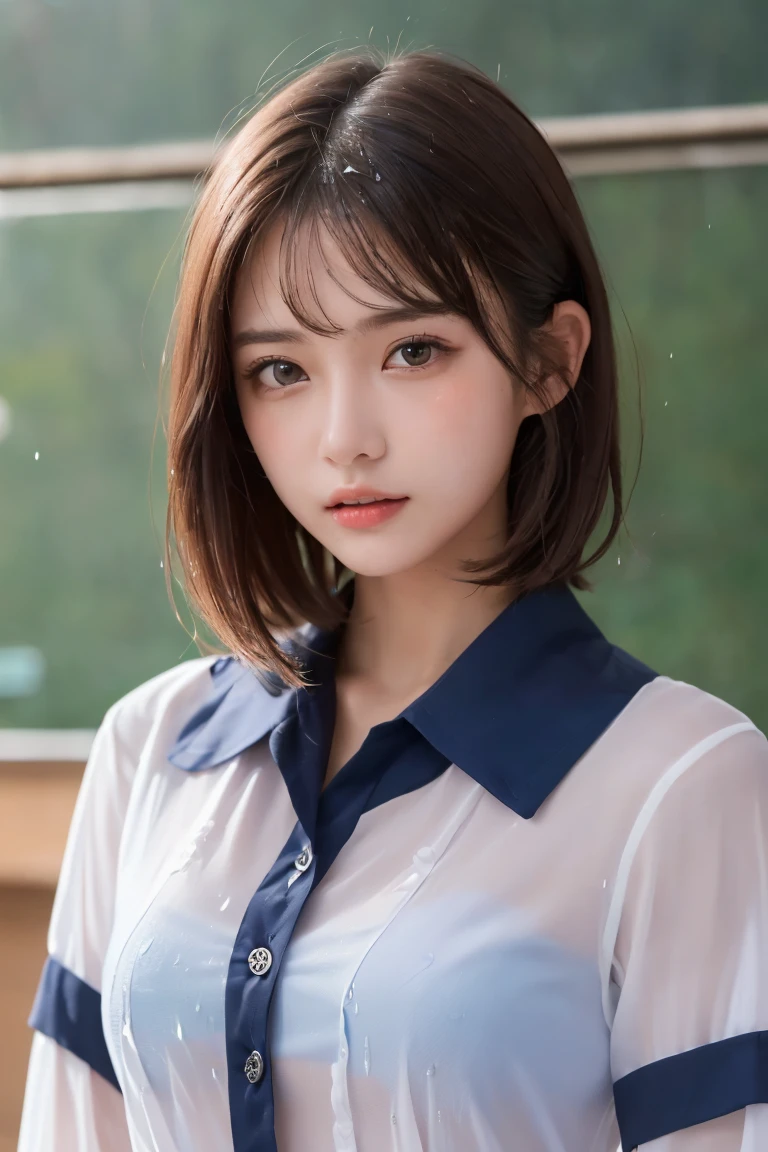 ((Best image quality、8k、masterpiece:1.3))、Sharp focus:1.2、Beautiful woman with perfect body:1.4、Slim Belly:1.2、((Layered Haircut、big:1.2))、(no good)(Small and beautiful、difficult(thin, Wet button down shirt length:1.1)、(School teacher&#39;s outfit wet from the rain:1.3)、(rain、street:1.2)、Wet body:1.1、Highly detailed face and skin texture、Detailed eyes、double eyelid、 Sunburned skin、sexly、Sunburn、Nogizaka Idol、Korean Idol、Carving an idol pose、