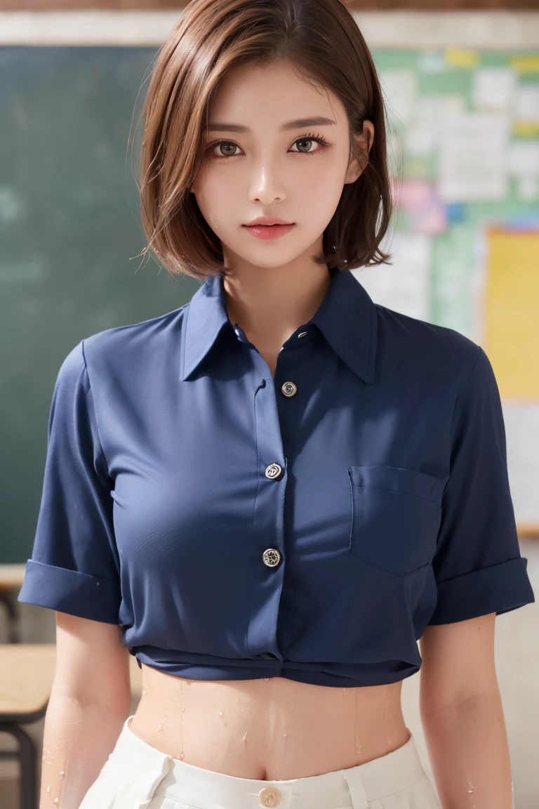 ((Best image quality、8k、masterpiece:1.3))、Sharp focus:1.2、Beautiful woman with perfect body:1.4、Slim Belly:1.2、((Layered Haircut、big:1.2))、(no good)(Small and beautiful、difficult(thin, Wet button down shirt length:1.1)、(School teacher's outfit wet from the rain:1.3)、(rain、street:1.2)、Wet body:1.1、Highly detailed face and skin texture、Detailed eyes、double eyelid、 Sunburned skin、sexly、Sunburn、Nogizaka Idol、Korean Idol、Carving an idol pose、