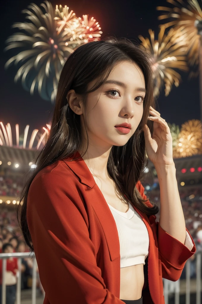 (((best quality))),(((ultra detailed))),(((masterpiece))),illustration, ((Olympic Opening Ceremony,in Paris,summer night,magnificent National stadium of France,Olympic flame, fireworks)),(crowded crowds of enthusiastic spectators:1.3),((a beautiful Chinese girl,solo)),((shoulder length straight hair:1.2)),((slim,thin)),((small breasts,flat chest)),(red blazer:1.5),(yellow skirt:1.2),(slender legs:1.2),excited expression, awe, celebrating, electric atmosphere, sense of pride, excitement, playing field, crowd energy, unity, camaraderie, representing China, historic event, memorable moment,((from front,upper body))