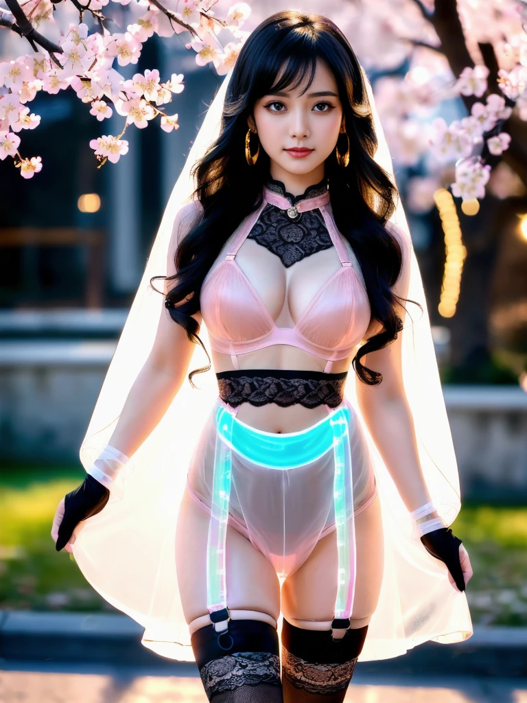An Asian Chinese girl, (weather:night), (weather:rain), (background:street), (8K Ultra HD, Digital SLR Camera, Soft Light, high quality, Volumetric Lighting, frank, photo, high resolution, 4K, 8K, Bokeh), ((Create stunning images of real girls), warm light, Dynamic poses, Elegant Posture, Cowboy lens, Full body front view, From the front，Be confident, Body facing the camera, Standing facing the camera, Open your legs slightly, Golden Ratio Graphics, Minimalism), (Show a charming smile, Willow Leaf Eyebrows, big eyes, Apricot eye prick, Cherry Blossom, Balanced Eyes, Oval face, Pretty Face, Normal facial features, Skin is transparent and visible, Thin skin and tender meat, Slim body, cosmetic, earrings, bracelet, necklace, Jewelry, veil, Hair accessories), (Jet black hair, Air bangs, Wavy curly hairstyle, Waist-length hair, Messy Hairstyle, Gradient hairstyles, Cyberpunk hairstyle), ((Transparent clothes：1.5), (The color of the clothes:Pink), Transparent nightdress, Mesh clothes, Sheer flowing long skirt, Lace sexy lingerie), (Sexy, Perfect breast shape, Teardrop chest shape, Snow-white breasts, very detailed breasts, 34E cup), (Super high waist clothes,Waist hollow,(Camel toe, High fork strangulation)), (Black socks, Sheer lace knee socks, 吊garter, Leg ring, garter, 腿部garter)