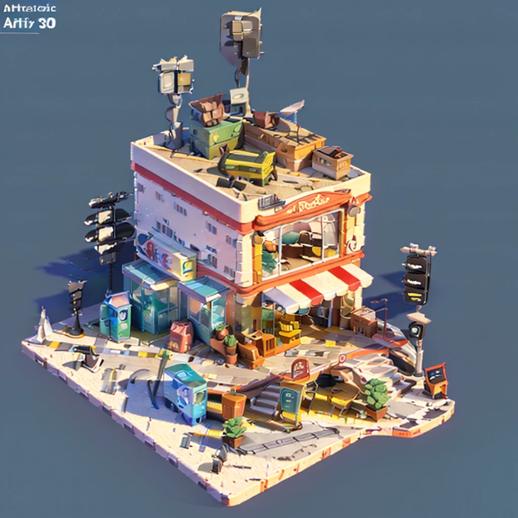 (Isometric Art:1.5),The art of math,Coffee Shop,bookshops,Street entrance,PARKING LOT,car,(high quality,Masterpiece,Octane Rendering,Ray Tracing,Extremely detailed,3d,8k:1.5),toon