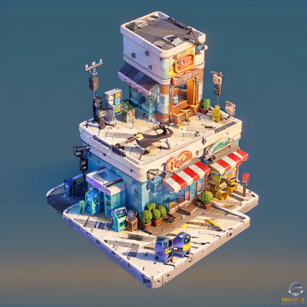 (Isometric Art:1.5)，The art of math，Coffee Shop，bookshops，Street entrance，PARKING LOT，car，(high quality，Masterpiece，Octane Rendering，Ray Tracing，Extremely detailed，3d，8k:1.5)，toon