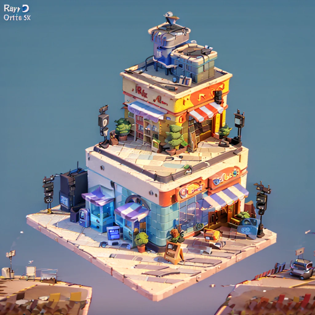 (Isometric Art:1.5),The art of math,Coffee Shop,bookshops,Street entrance,PARKING LOT,car,(high quality,Masterpiece,Octane Rendering,Ray Tracing,Extremely detailed,3d,8k:1.5),toon