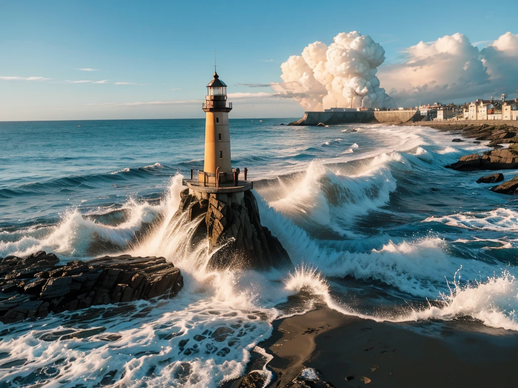 Beach background,on the beach,Huge explosion,Exploding lighthouse in the distance