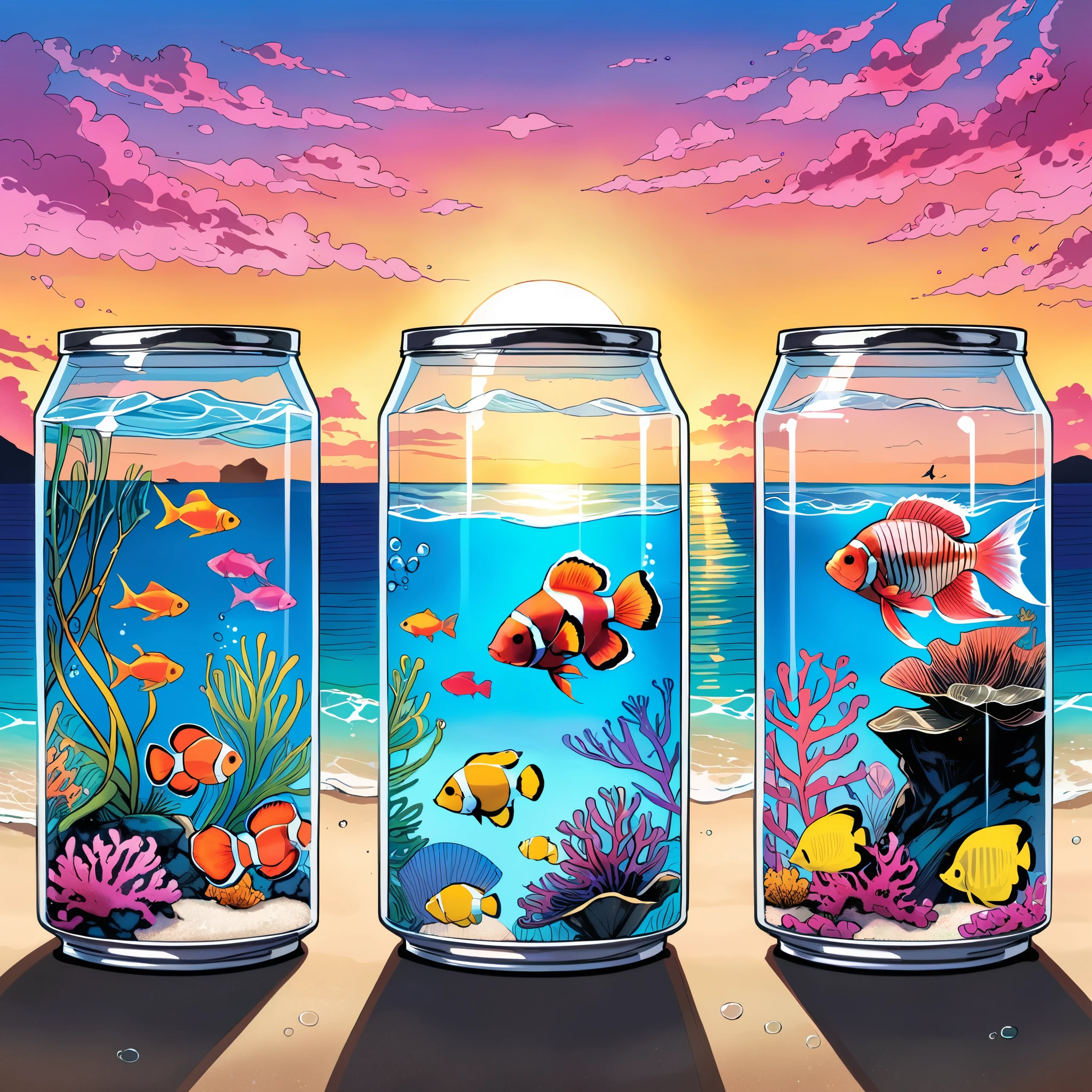 (in style of Santiago Caruso:1.1),3 transparent cans,There are 3 different kinds of fish living in it,Betta,Tropical clown fish,Fluorescent fish,at the seaside,Sunrise background,Pink morning,