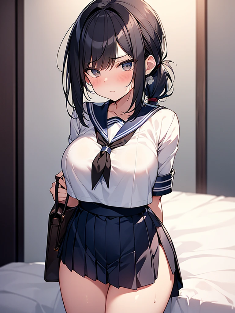 NSFW:1.3. Navy blue short-sleeved sailor suit:1.9. Dark blue uniform pleated skirt:1.9 Ponytail White Panties:1.3 Sex:1.9. Anime drawings with vivid colors: Tall women:1.9 Standing posture: Spread your legs wide:1.3 Sweat, breasts, buttocks, troubled face, glaring, wrinkled brows, flushed cheeks, night:1.3 Apartment bedroom, white sheets, short black hair, ponytail:1.9 Straight hair, bangs swept to the side:1.9. Slanted eyes, brown eyes, tall, big breasts, strong-willed, beautiful