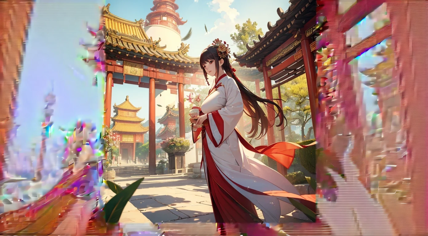 Anime girl in a white and red dress standing in front of a pagoda, palace , Girl in Han Dress, Trending on cgstation, Flowing hair and long robes, Gweiz-style artwork, Jan J, Artjam and Athi Gairan, White Hanfu, The Detailed Art of the Onmyoji, Chinese Fantasy, Beautiful character drawings, Chinese style
