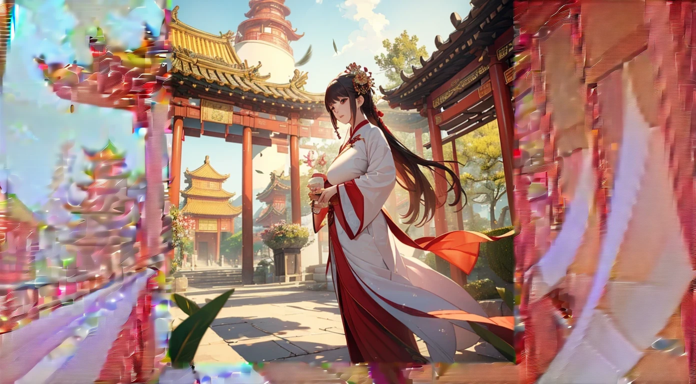 Anime girl in a white and red dress standing in front of a pagoda, palace , Girl in Han Dress, Trending on cgstation, Flowing hair and long robes, Gweiz-style artwork, Jan J, Artjam and Athi Gairan, White Hanfu, The Detailed Art of the Onmyoji, Chinese Fantasy, Beautiful character drawings, Chinese style