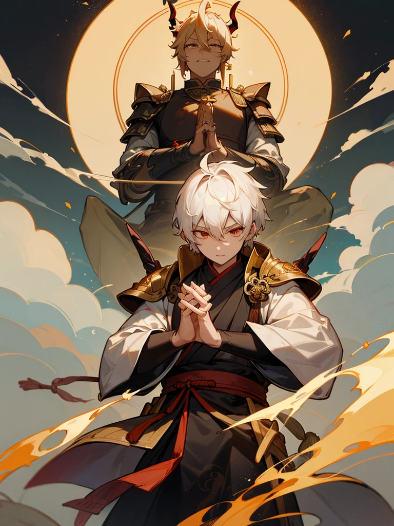 Buddha,Burning Eyes, horn, white short hair, black armor, tori ready, man, full moon, hands together in prayer, Zen meditation golden lion Chi Japanese sword demon vengeful spirit evil spirit Tai Houguang Machinery