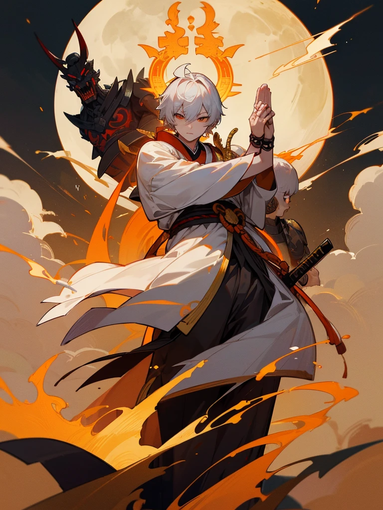 Buddha,Burning Eyes, horn, white short hair, black armor, tori ready, man, full moon, hands together in prayer, Zen meditation golden lion Chi Japanese sword demon vengeful spirit evil spirit Tai Houguang Machinery