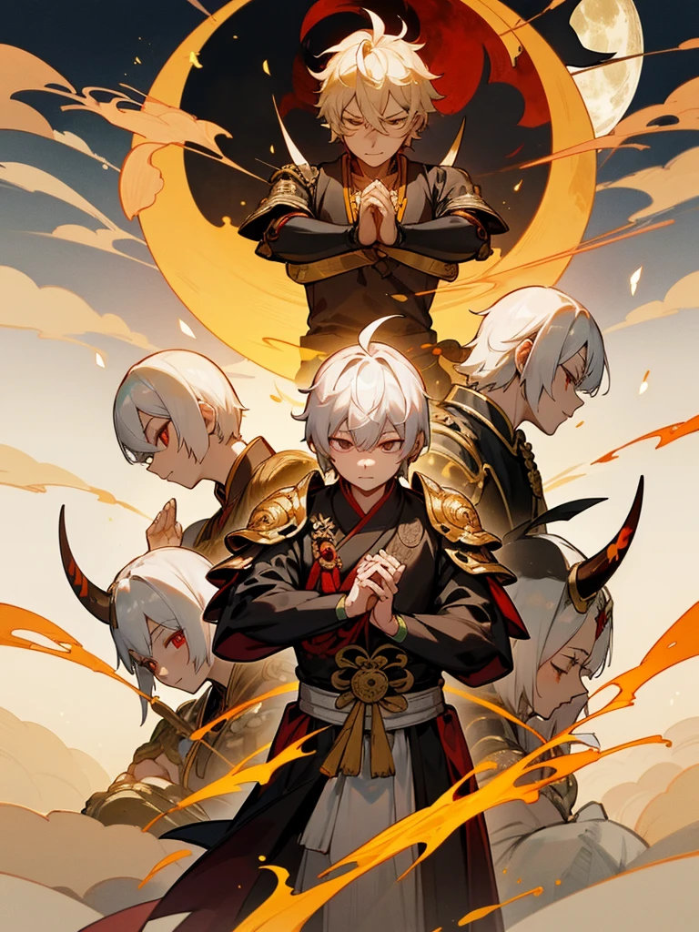 Buddha,Burning Eyes, horn, white short hair, black armor, tori ready, man, full moon, hands together in prayer, Zen meditation golden lion Chi Japanese sword demon vengeful spirit evil spirit Tai Houguang Machinery