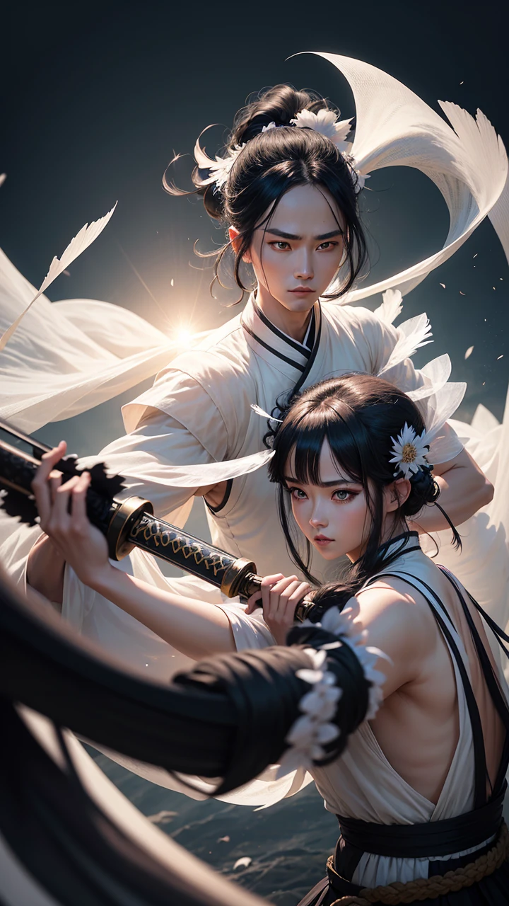 Man and woman in tulle hanfu, woman holding sword against man, black hair, short ponytail, onyx colored eyeballs, texture detail, glowing skin, sun, spinning feather sword, motion blur background, backlight, 8k, super detail, masterpiece, best quality