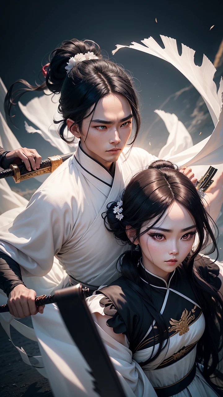 Man and woman in tulle hanfu, woman holding sword against man, black hair, short ponytail, onyx colored eyeballs, texture detail, glowing skin, sun, spinning feather sword, motion blur background, backlight, 8k, super detail, masterpiece, best quality